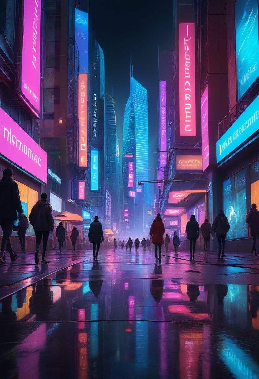 A futuristic cityscape with digital screens displaying various insurance options, featuring a diverse group of people confidently navigating through a glowing pathway that symbolizes their journey to comprehensive coverage. Incorporate elements like floating holograms of insurance policies, bright neon signs, and a backdrop of modern architecture. The scene should evoke a sense of empowerment and clarity about insurance choices. cyberpunk. vibrant colors.